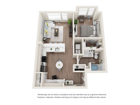 Floor plan for 1 bed, 1 bath, 684 sqft